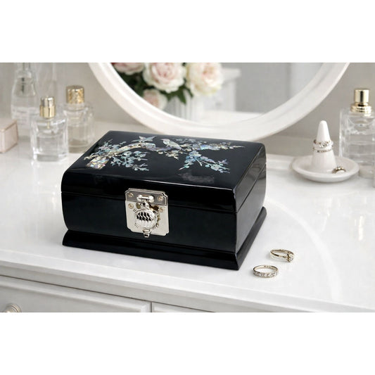 Sanyo Jewelry Music Box Black Lacquer Abalone MOP Inlay 5 3/4 Inch