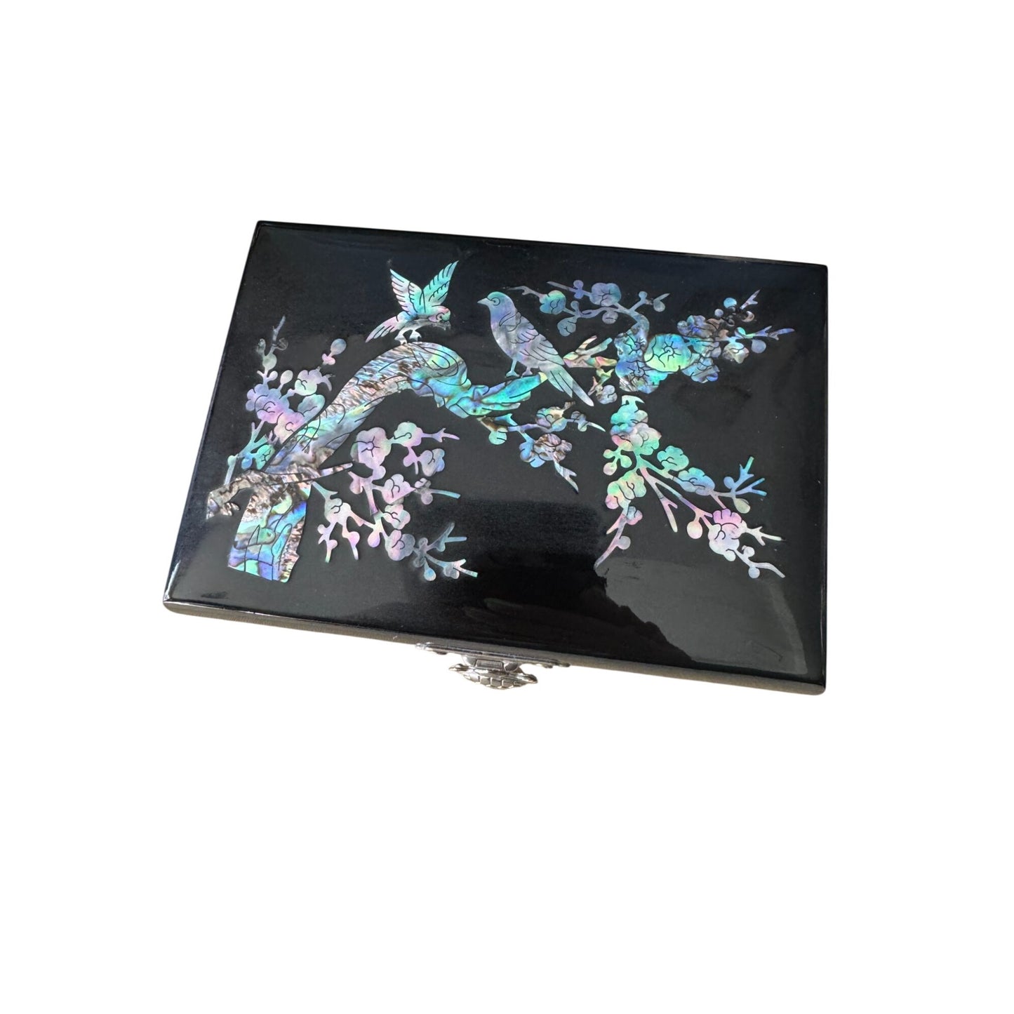 Sanyo Jewelry Music Box Black Lacquer Abalone MOP Inlay 5 3/4 Inch