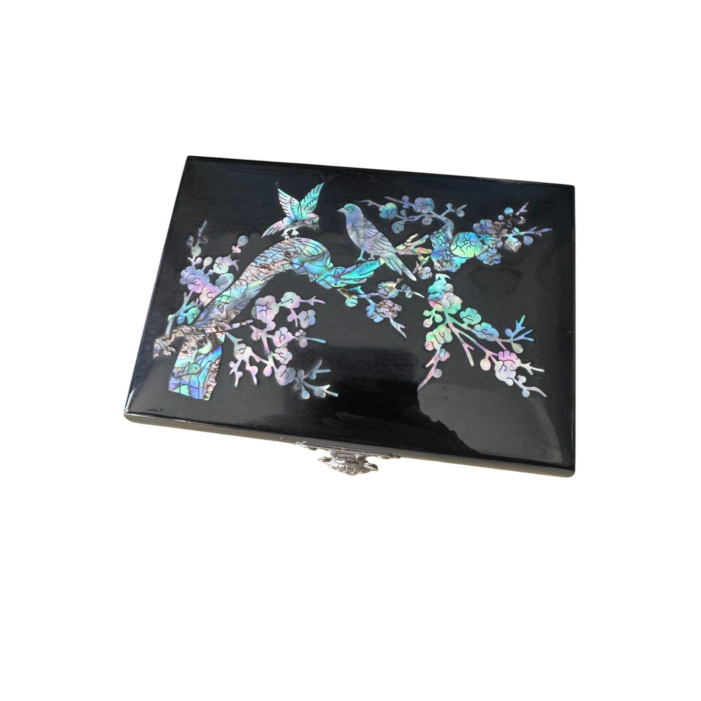 Sanyo Jewelry Music Box Black Lacquer Abalone MOP Inlay 5 3/4 Inch