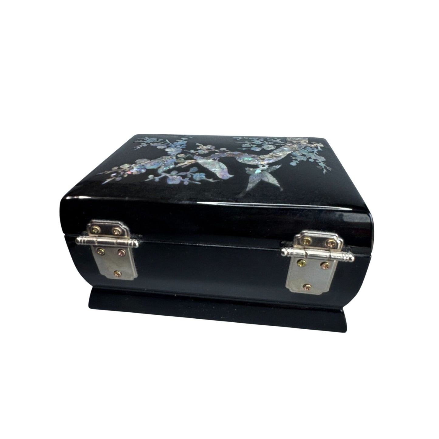 Sanyo Jewelry Music Box Black Lacquer Abalone MOP Inlay 5 3/4 Inch