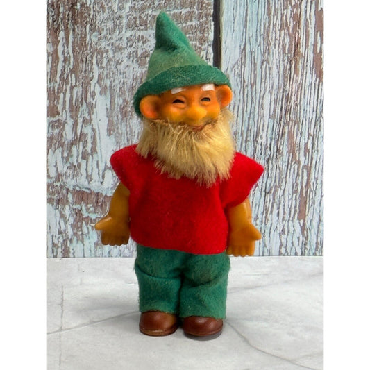 Vintage Plastic Chenille Gnome Elf with Articulated Head Arms Spun Cotton Beard