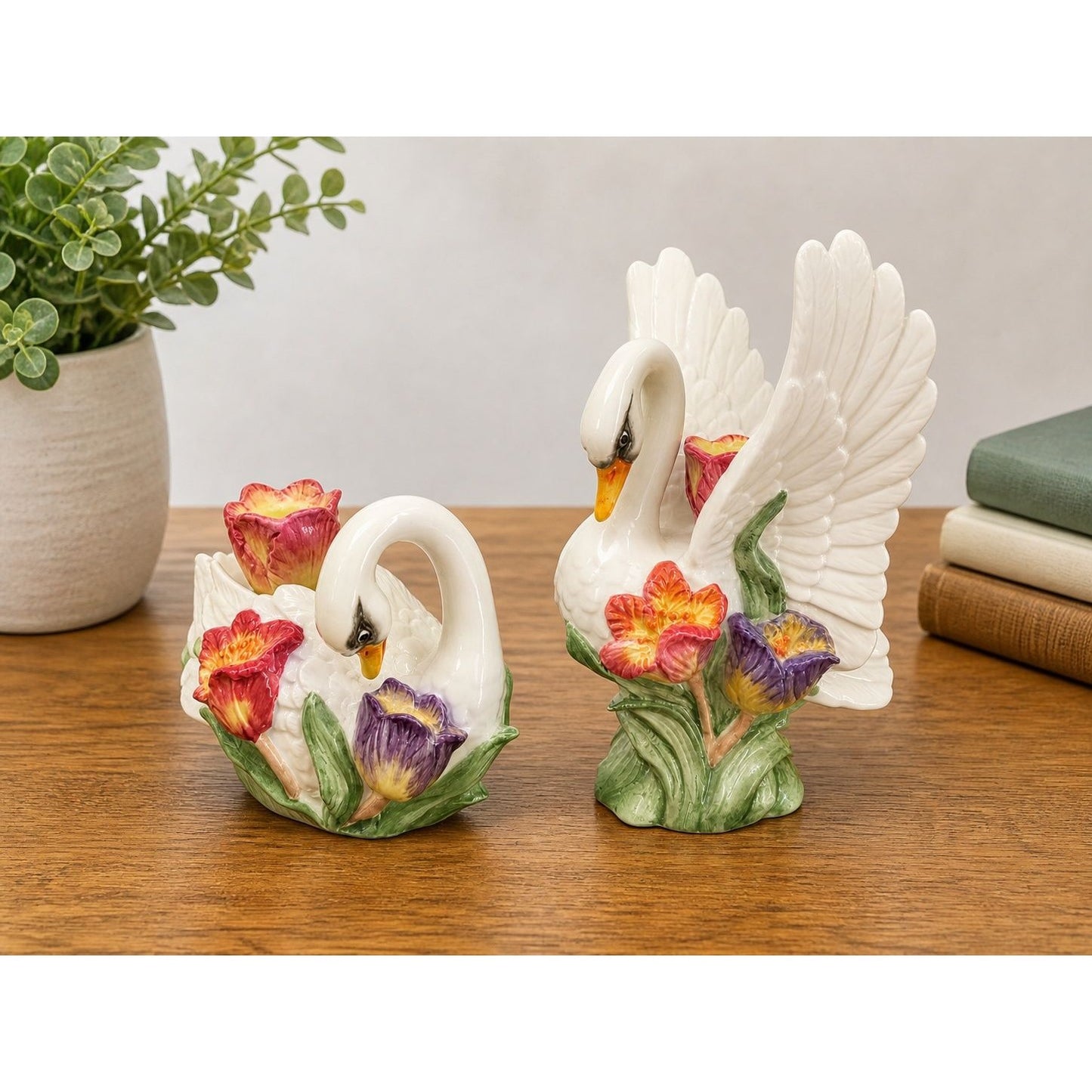 Fitz & Floyd Swan Candle Holders Floral Ceramic Pair Vintage White