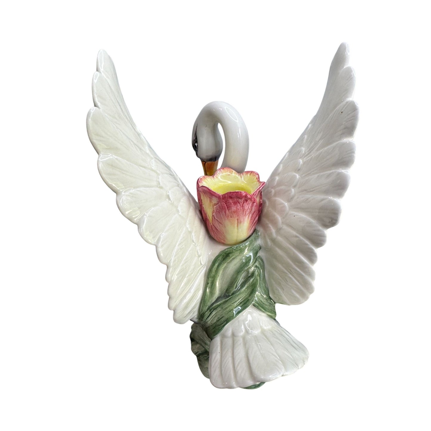 Fitz & Floyd Swan Candle Holders Floral Ceramic Pair Vintage White