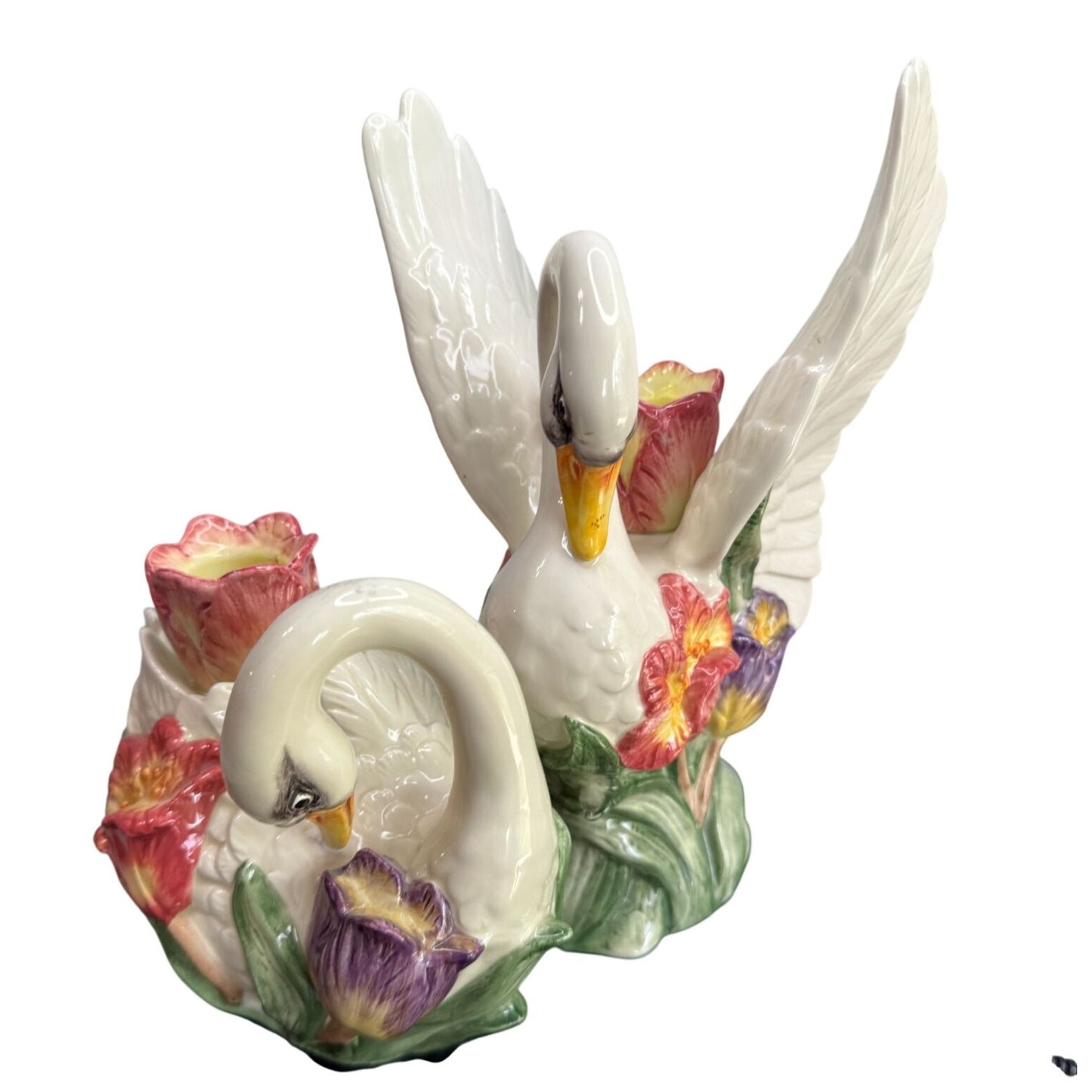 Fitz & Floyd Swan Candle Holders Floral Ceramic Pair Vintage White