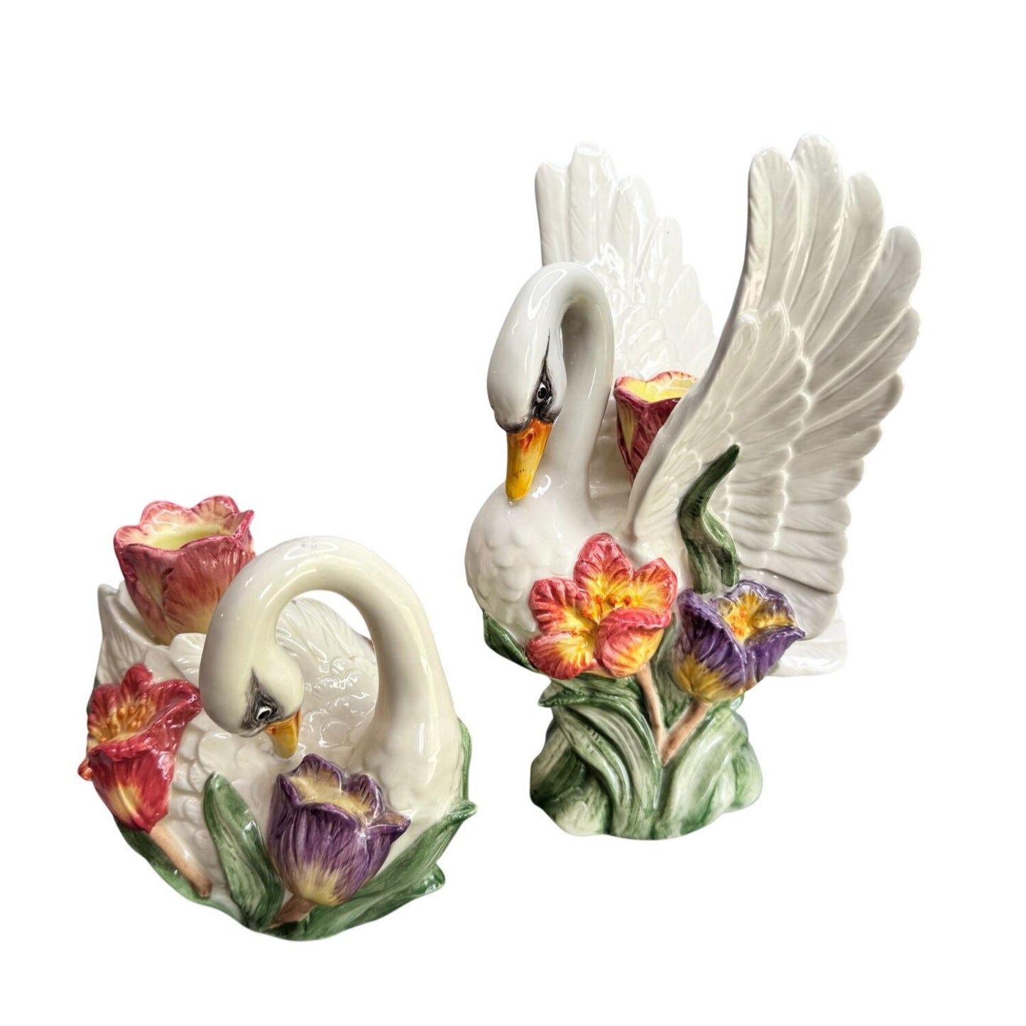 Fitz & Floyd Swan Candle Holders Floral Ceramic Pair Vintage White