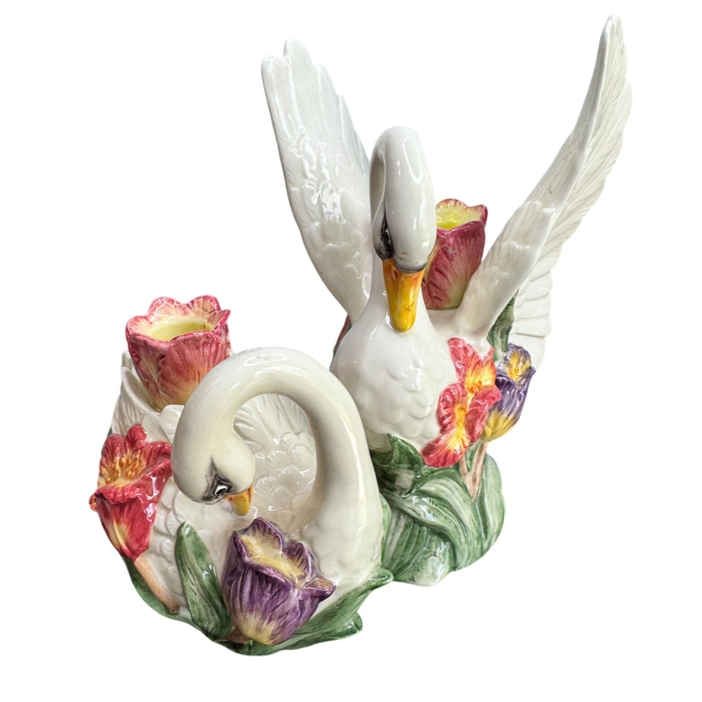 Fitz & Floyd Swan Candle Holders Floral Ceramic Pair Vintage White