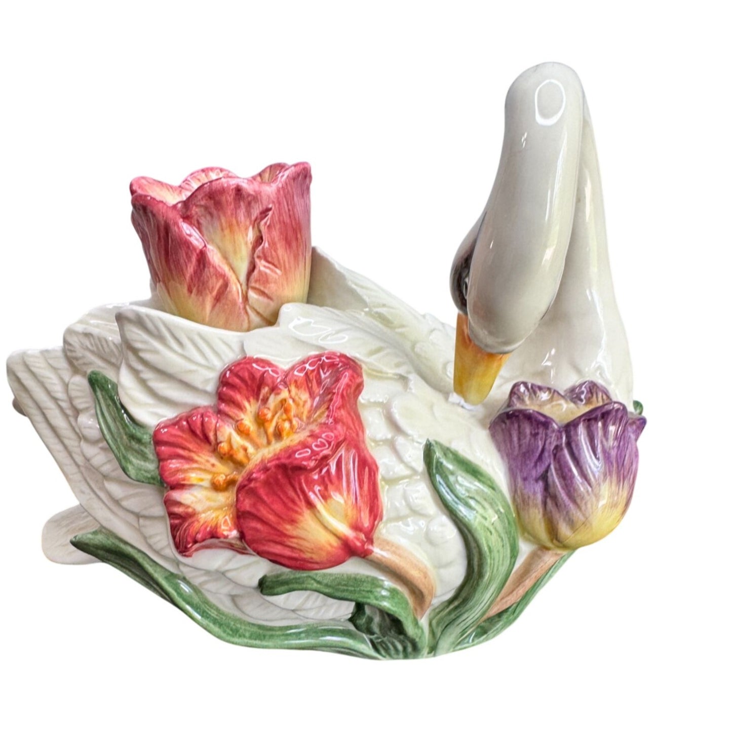 Fitz & Floyd Swan Candle Holders Floral Ceramic Pair Vintage White