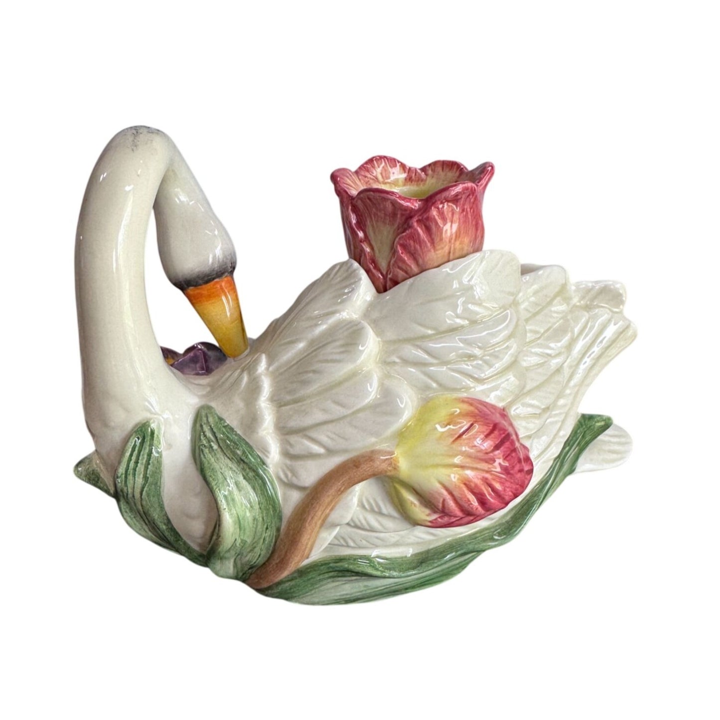 Fitz & Floyd Swan Candle Holders Floral Ceramic Pair Vintage White