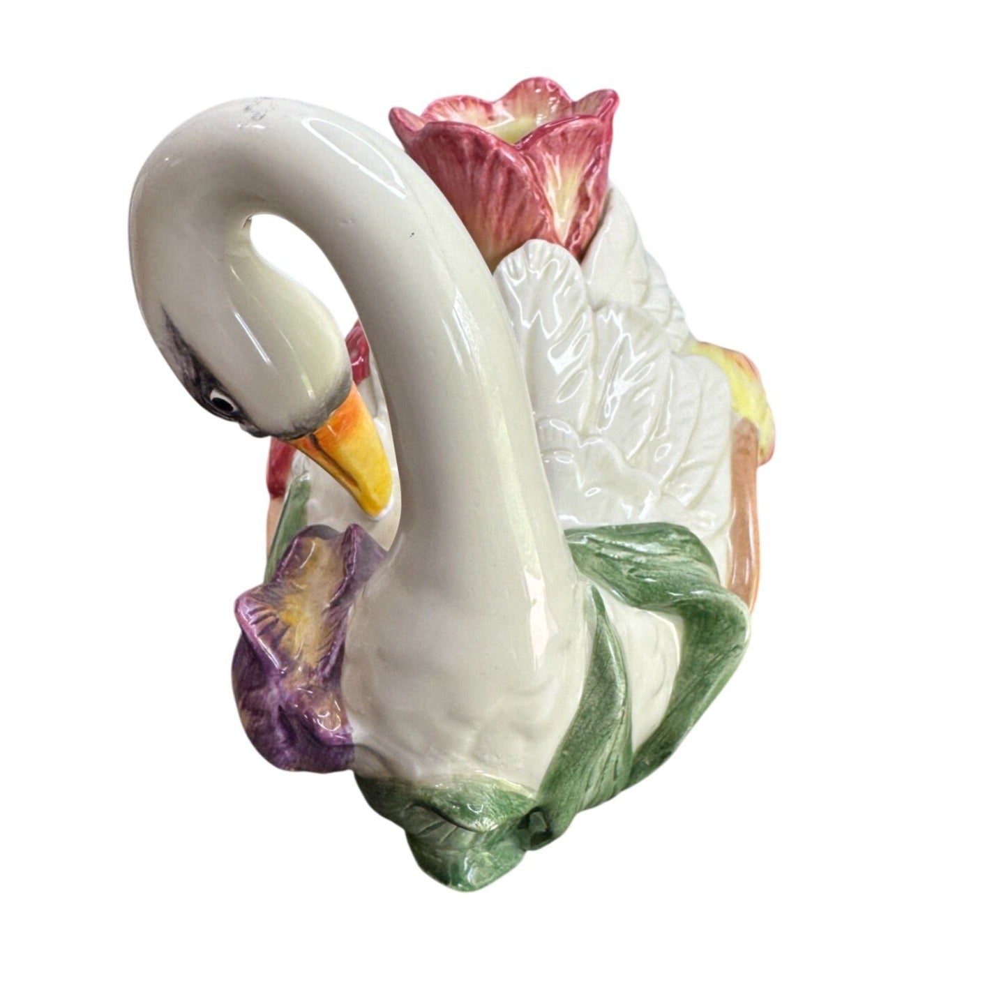 Fitz & Floyd Swan Candle Holders Floral Ceramic Pair Vintage White