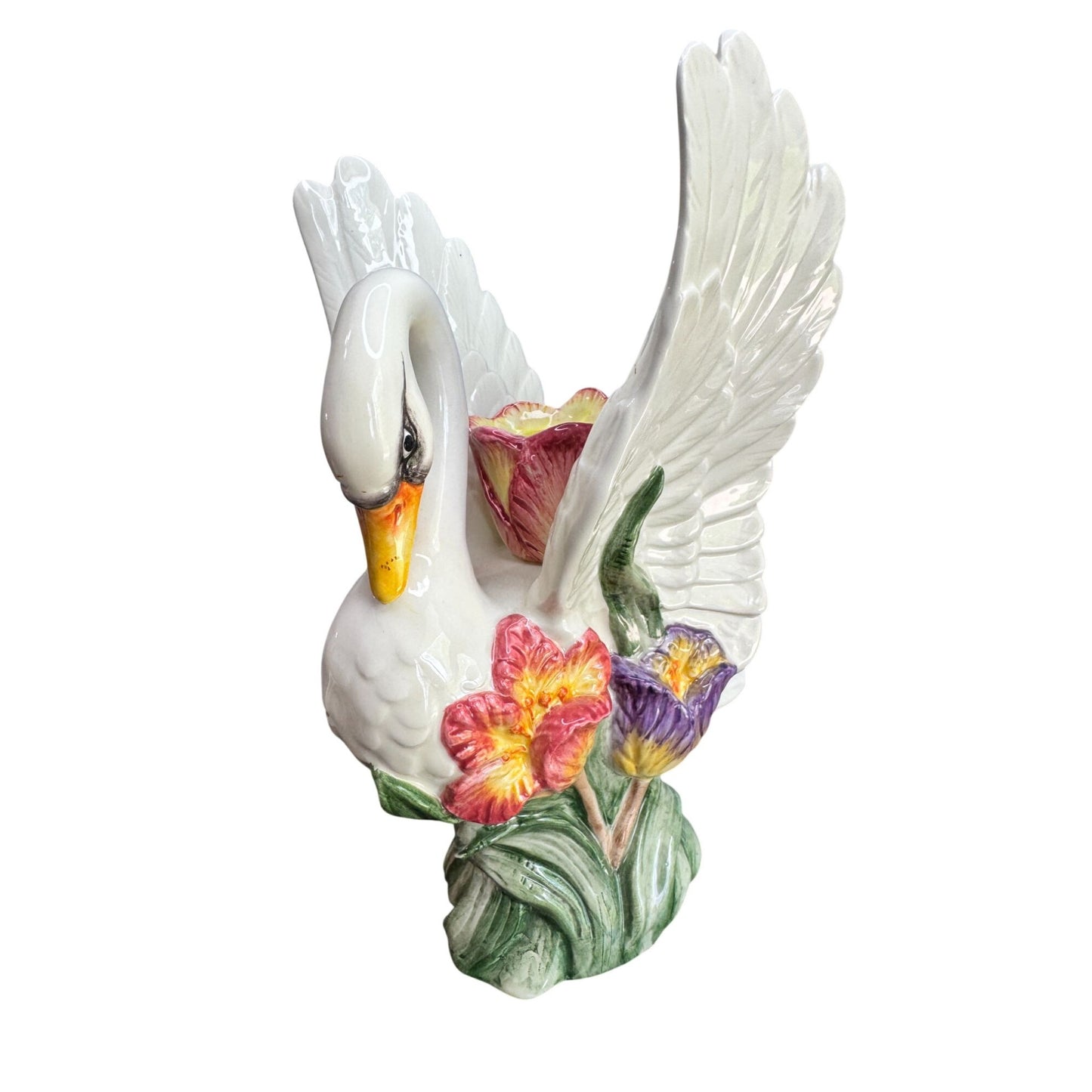 Fitz & Floyd Swan Candle Holders Floral Ceramic Pair Vintage White