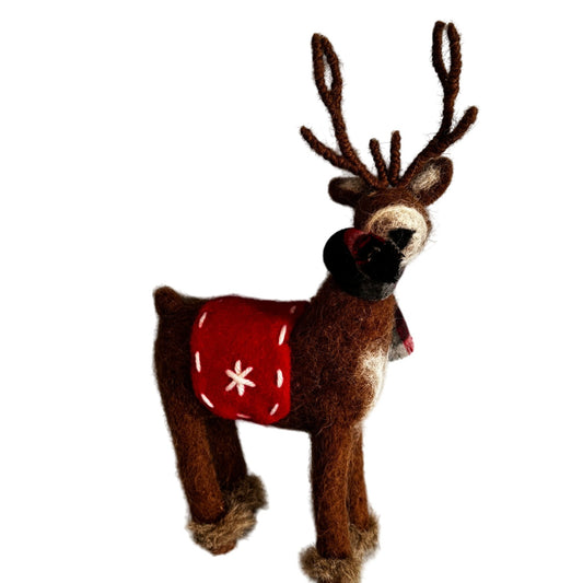 Felted Mohair Reindeer Folk Art Christmas Figure Red Blanket 12½"