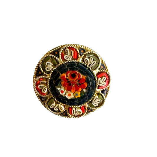 Vintage Micro Mosaic Brooch Floral Design Gold-Tone Round 1 1/4"