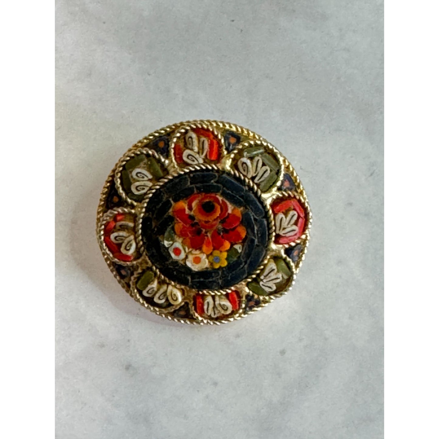 Vintage Micro Mosaic Brooch Floral Design Gold-Tone Round 1 1/4"
