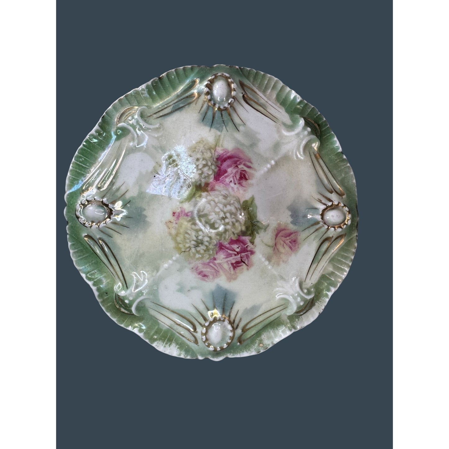 Antique RS Prussia Dresser Box Basket Of Flowers Covered Vanity Jar 5 1/2