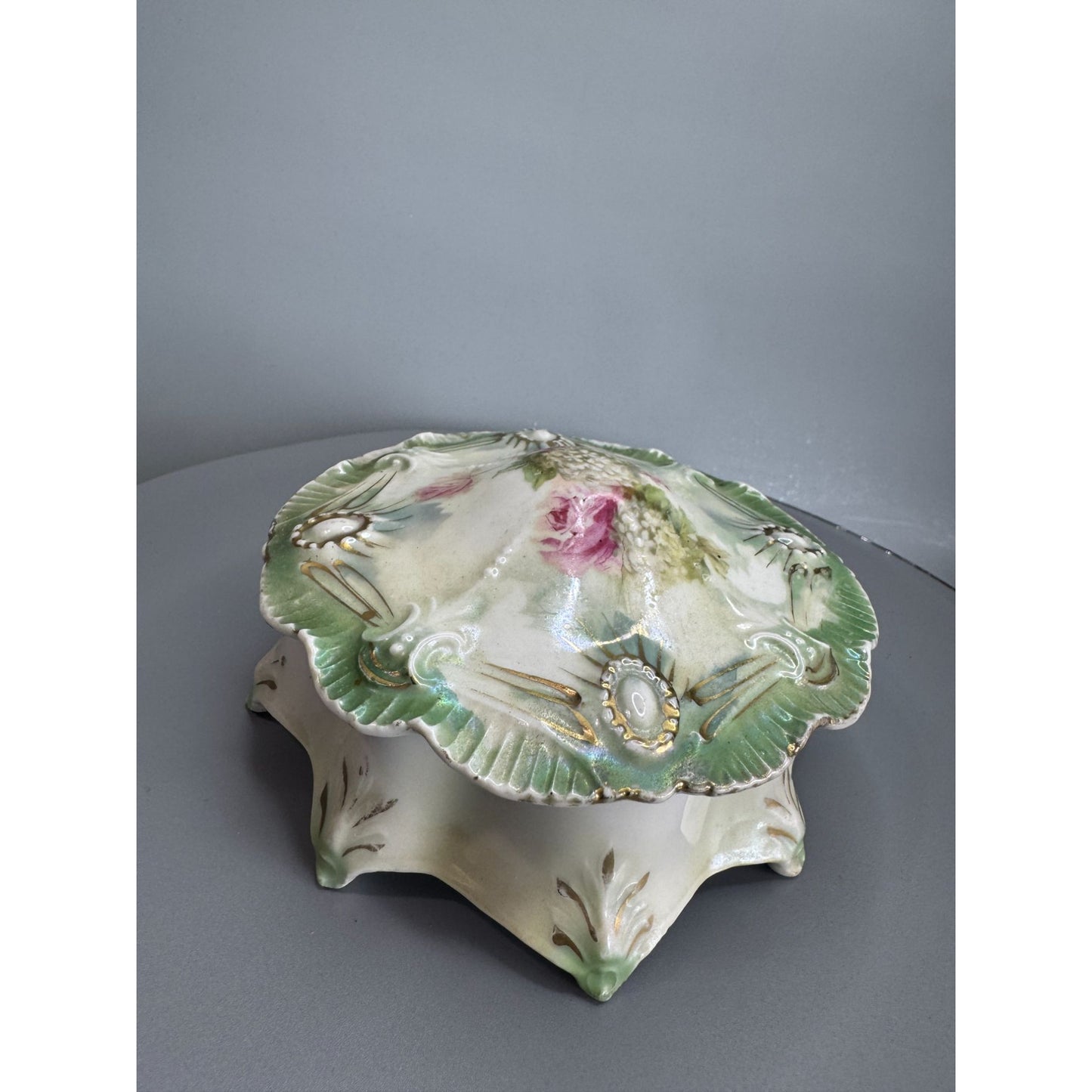 Antique RS Prussia Dresser Box Basket Of Flowers Covered Vanity Jar 5 1/2