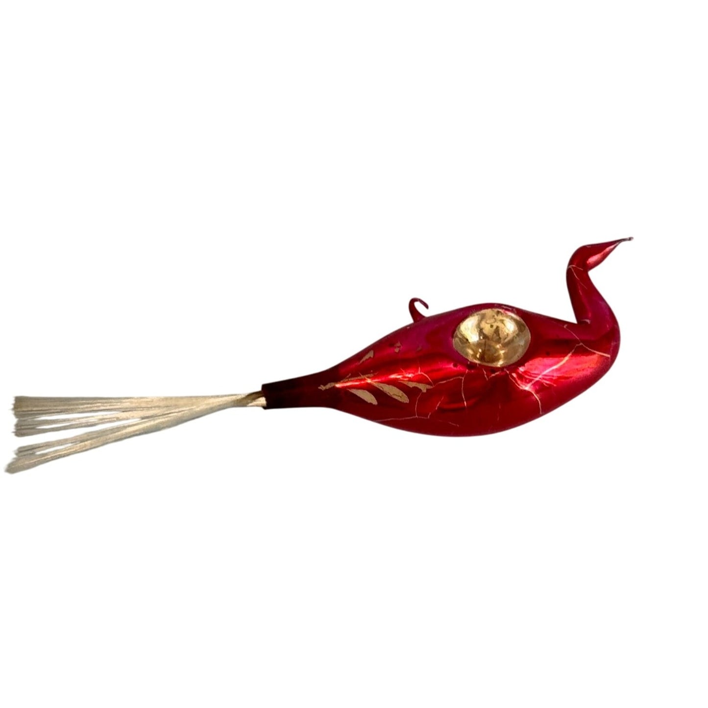 Antique Lauscha Glass Bird Ornament Red Reflector Spun Glass Tail 1930s–40s Germany