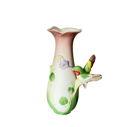 Vintage Enesco Ceramic Vase With Hummingbird & Morning Glory Flowers 6.25"