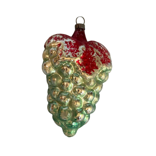 Vintage German Glass Ornament Grape Cluster Red Green Silver 3.5 Inches