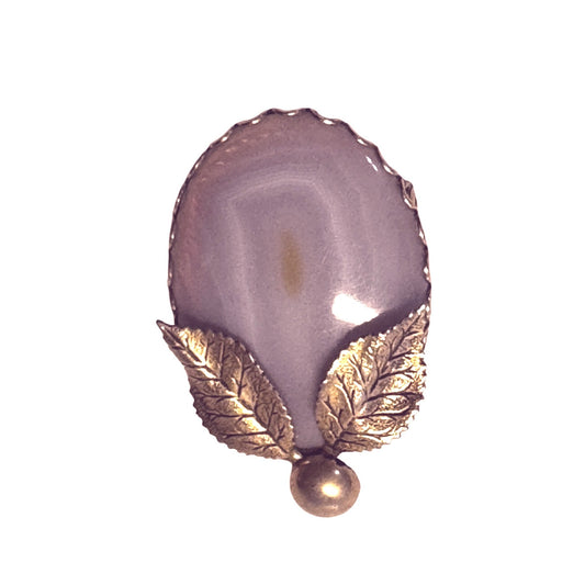Vintage Purple Orca Agate Brooch Gold-Tone Leaf Natural Stone 2"