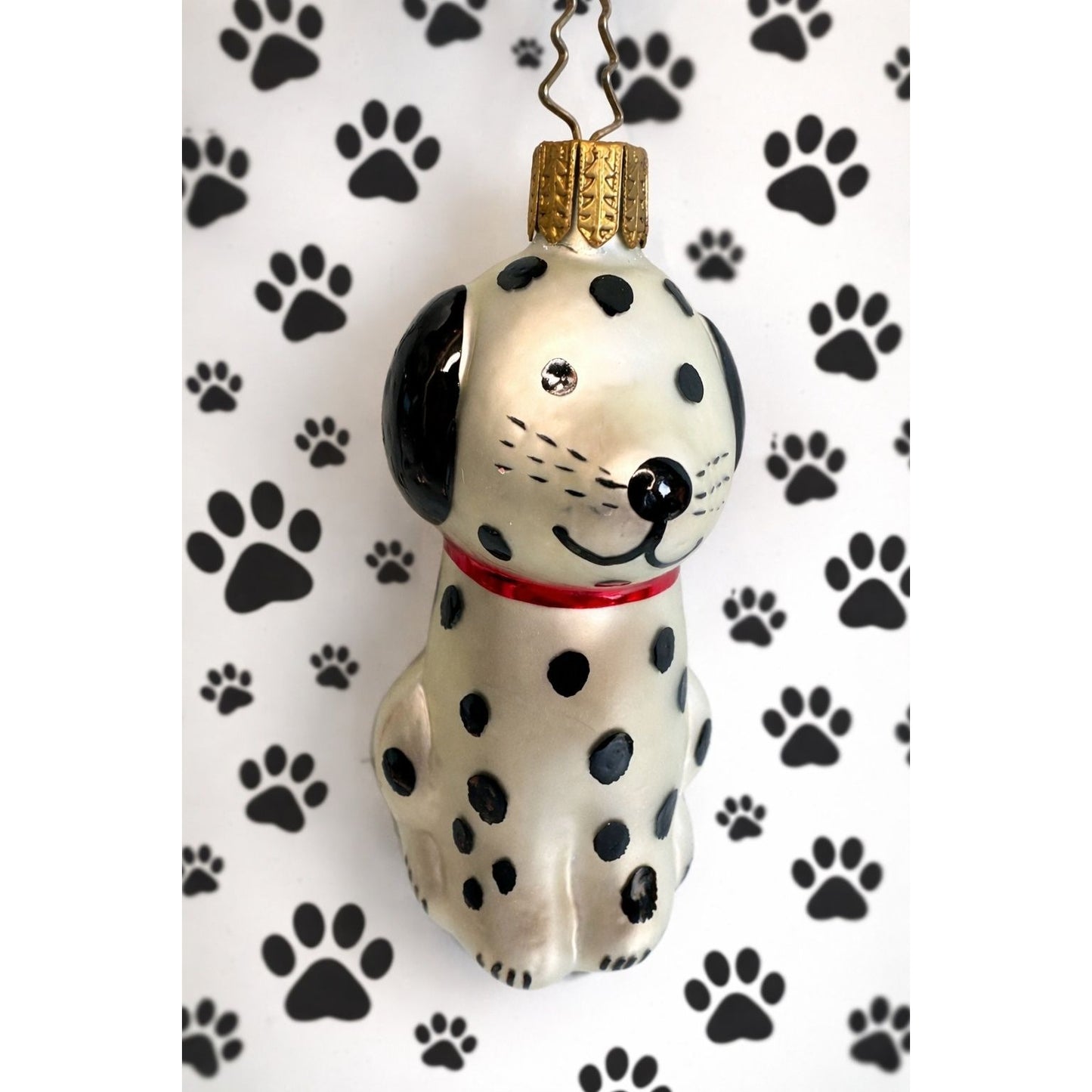 Whitehurst Dog Ornament Dalmation Glass Black White Red Collar 3.5"
