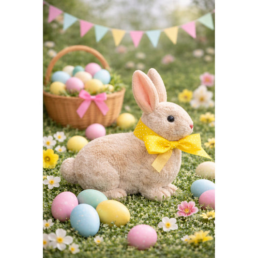 Vintage Flocked Easter Bunny Rabbit Yellow Ribbon 8" Decor Spring Display Worn