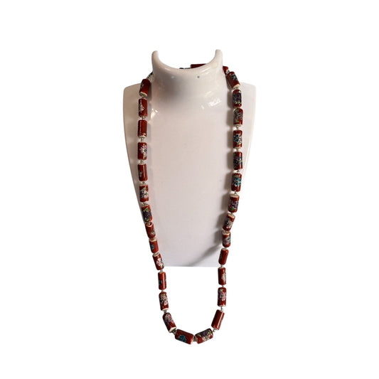 Vintage Chinese Cloisonne Floral Glass Bead Necklace With Barrel Clasp 22" Red Multicolor Handmade