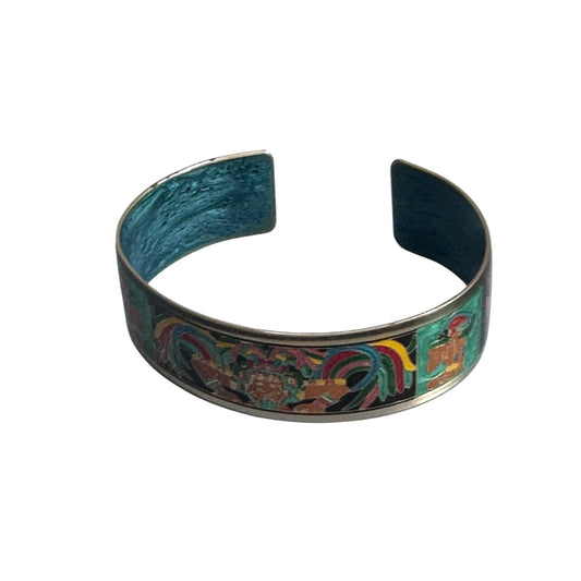 Designer-Signed Fernandez Mayan Aztec Design Cuff Bracelet Multicolor 7" x 3/4"