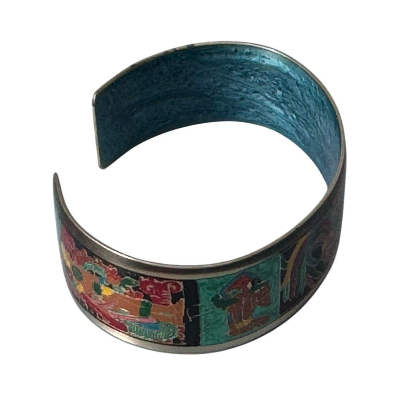 Designer-Signed Fernandez Mayan Aztec Design Cuff Bracelet Multicolor 7" x 3/4"