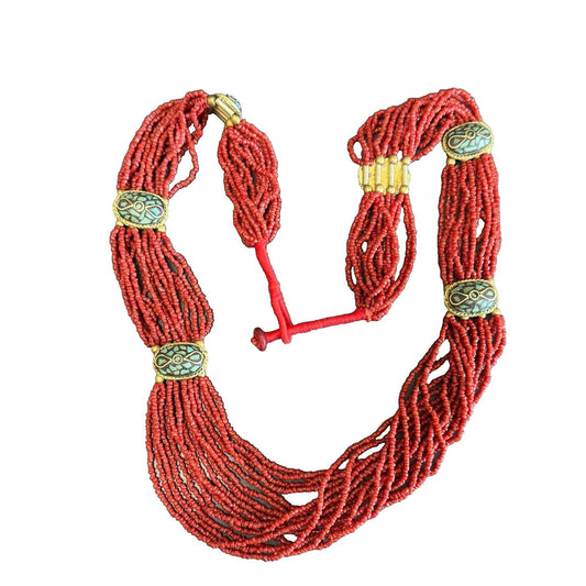 Tibetan Multi Strand Bamboo Coral Bead w/Turquoise Mosaic Inlaid Accent Necklace