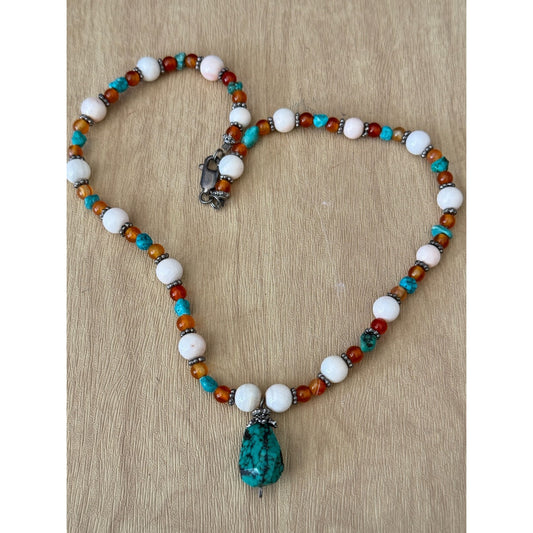 Vintage Tiger Eye Beaded Necklace Turquoise Pendant 32 Inches Stone Metal