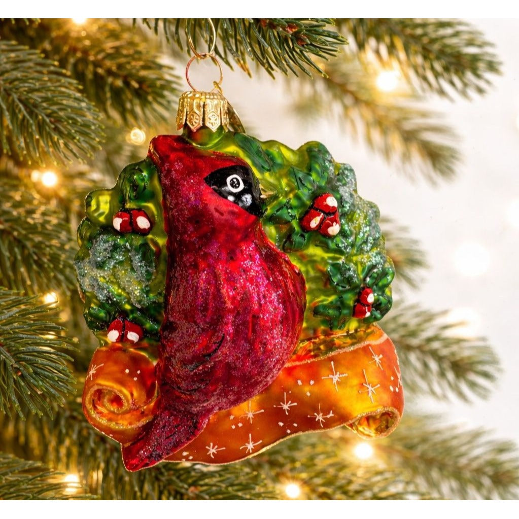 Radko Songs Of Christmas Cardinal In Holly Wreath Glass Ornament 5" Poland 2000