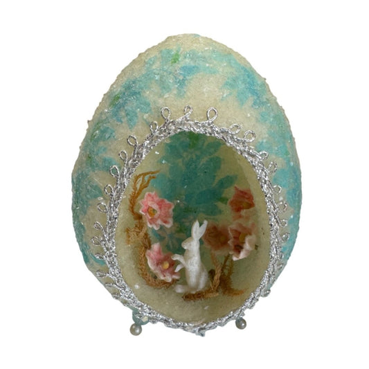 Vintage Easter Sugar Egg Diorama Rabbit Scene Flowers Glitter 3.5" Holiday Decor