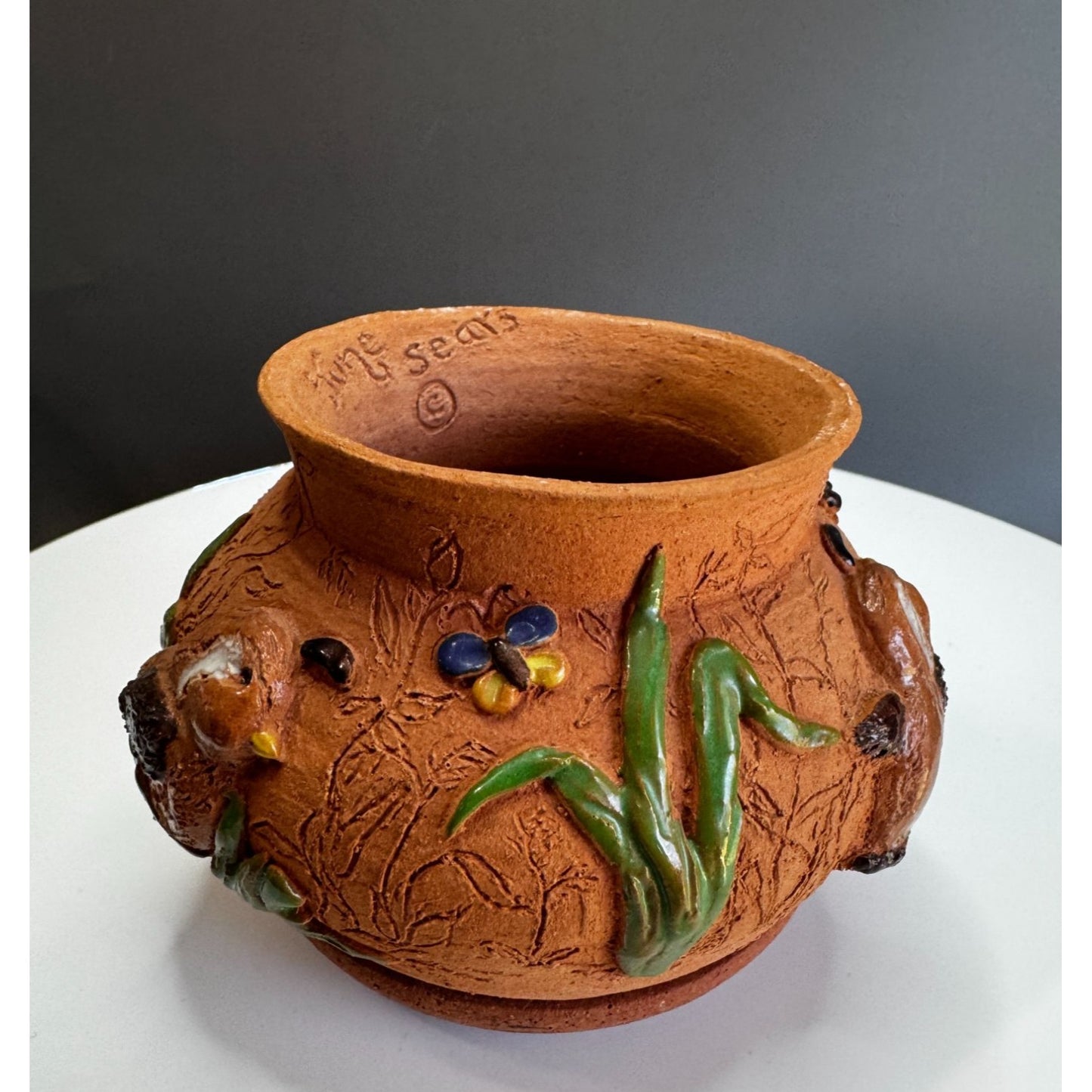 June Sears Signed Folk Art Pottery Planter Bird & Flower Design 4 1/4" Terracotta