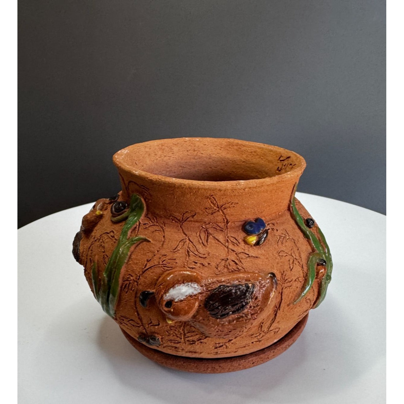 June Sears Signed Folk Art Pottery Planter Bird & Flower Design 4 1/4" Terracotta