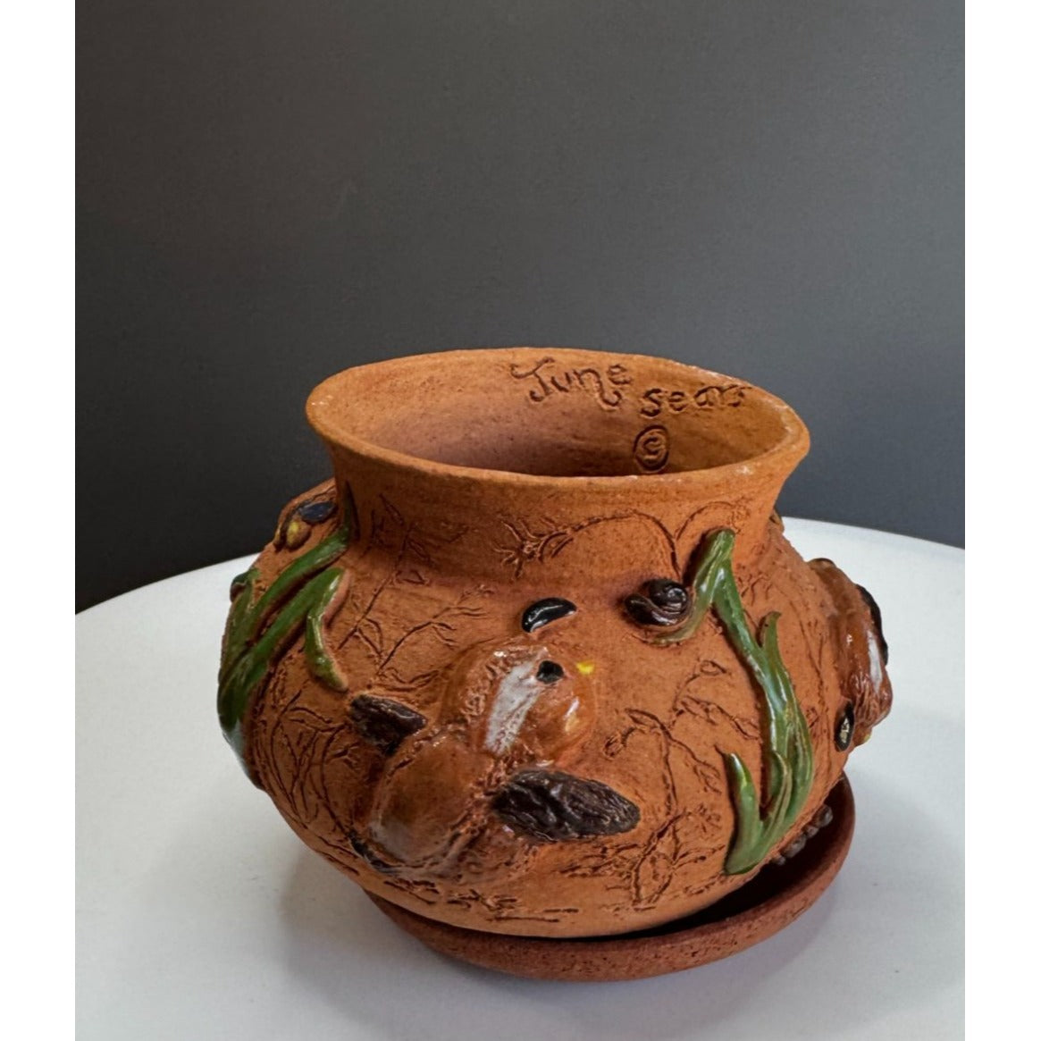 June Sears Signed Folk Art Pottery Planter Bird & Flower Design 4 1/4" Terracotta