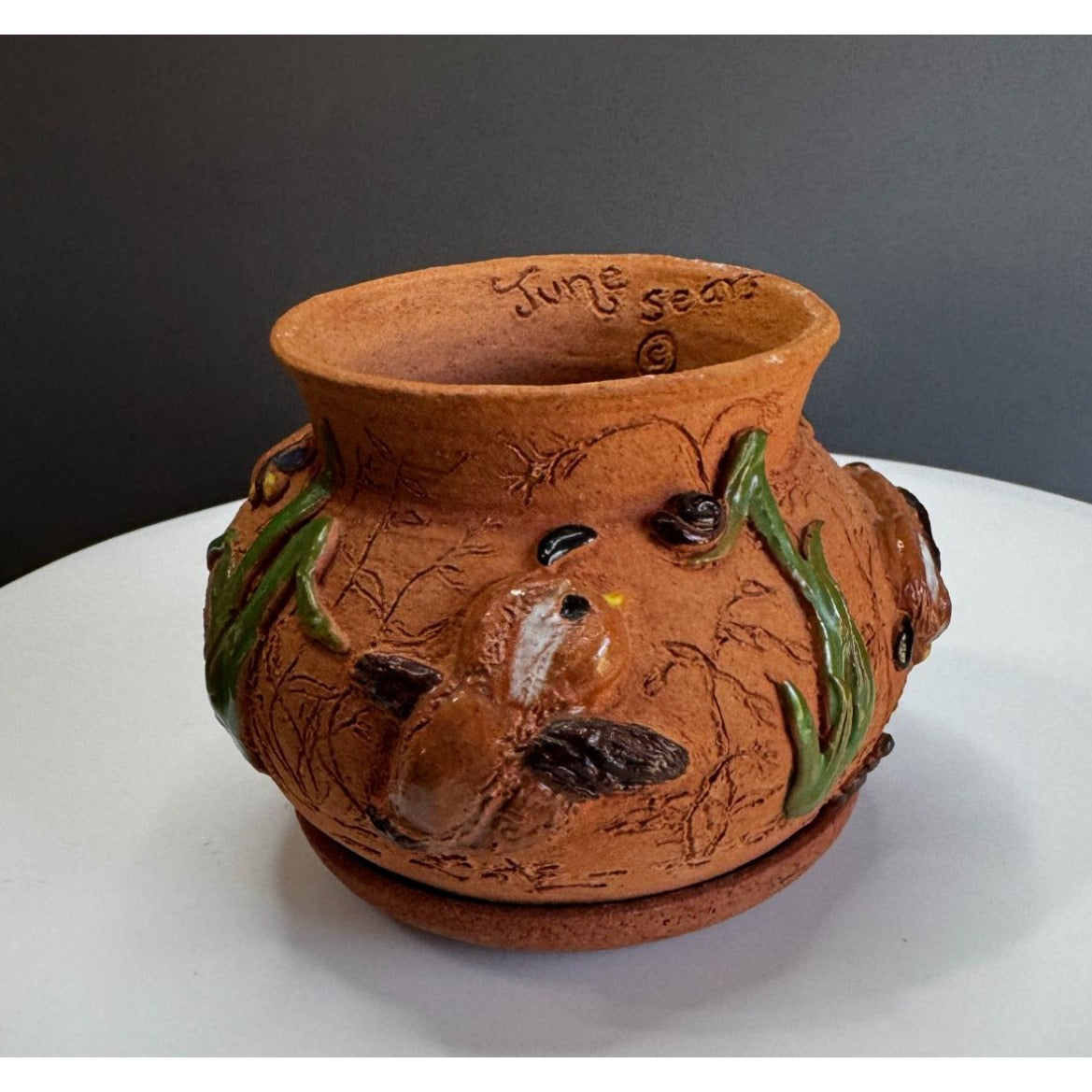 June Sears Signed Folk Art Pottery Planter Bird & Flower Design 4 1/4" Terracotta