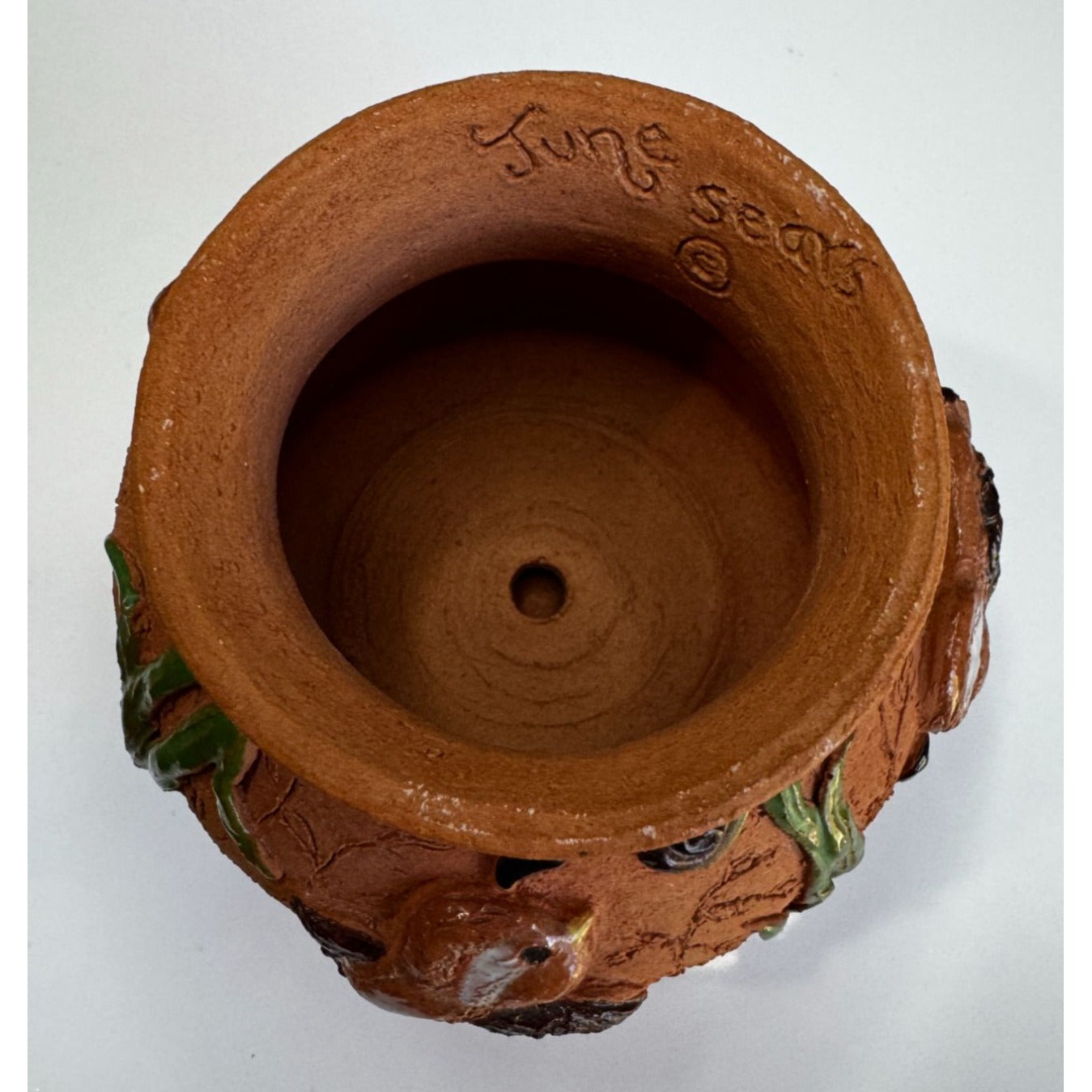 June Sears Signed Folk Art Pottery Planter Bird & Flower Design 4 1/4" Terracotta