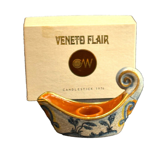 Vintage Veneto Flair Candlestick Signed 1976 Italian Ceramic Scroll Design