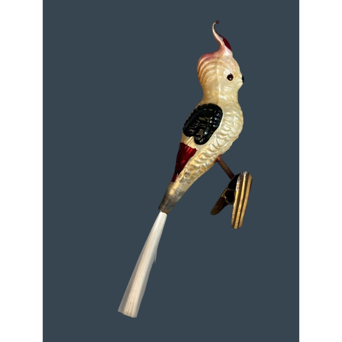 Vintage German Glass Cockatiel Clip Bird Ornament Spun Glass Tail Rare 6"