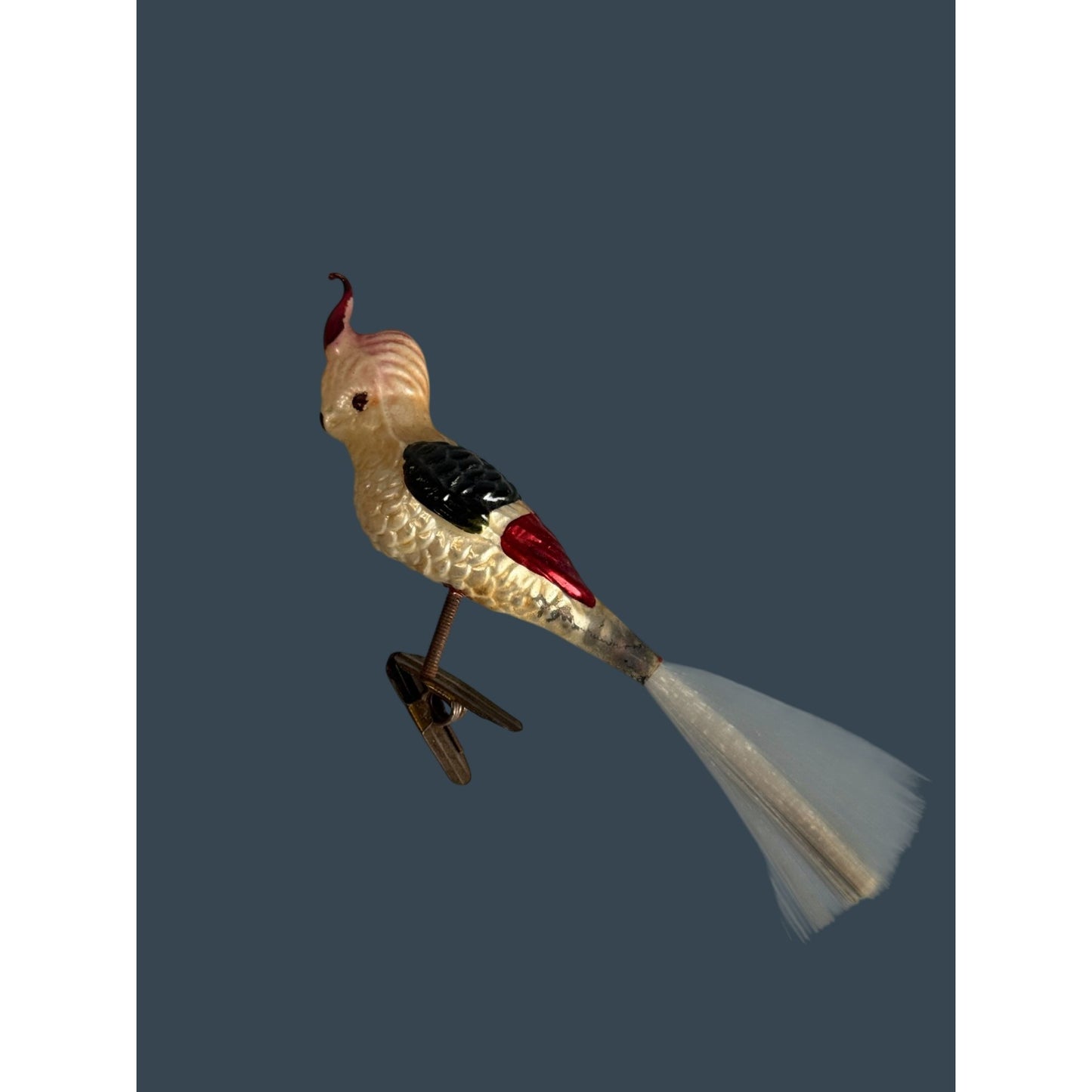 Vintage German Glass Cockatiel Clip Bird Ornament Spun Glass Tail Rare 6"