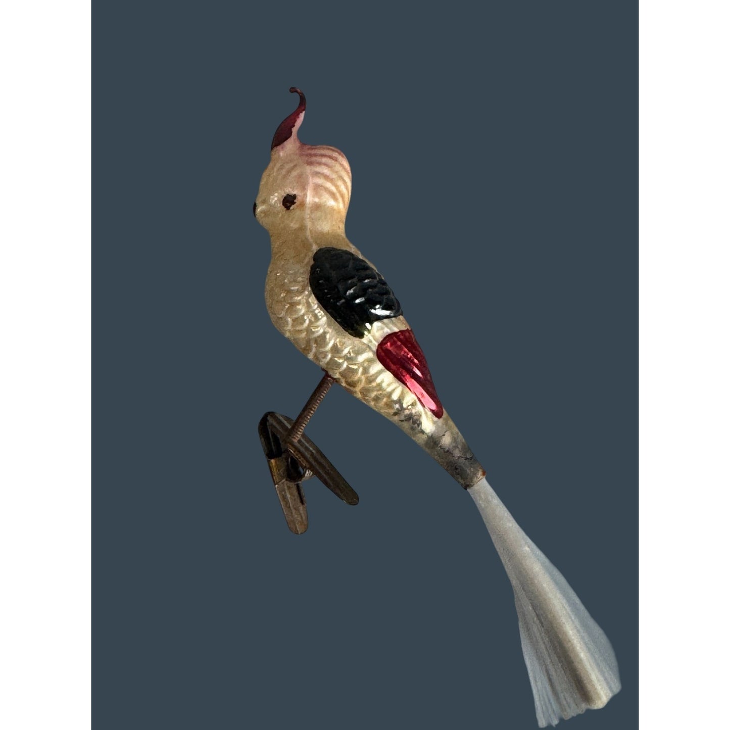 Vintage German Glass Cockatiel Clip Bird Ornament Spun Glass Tail Rare 6"