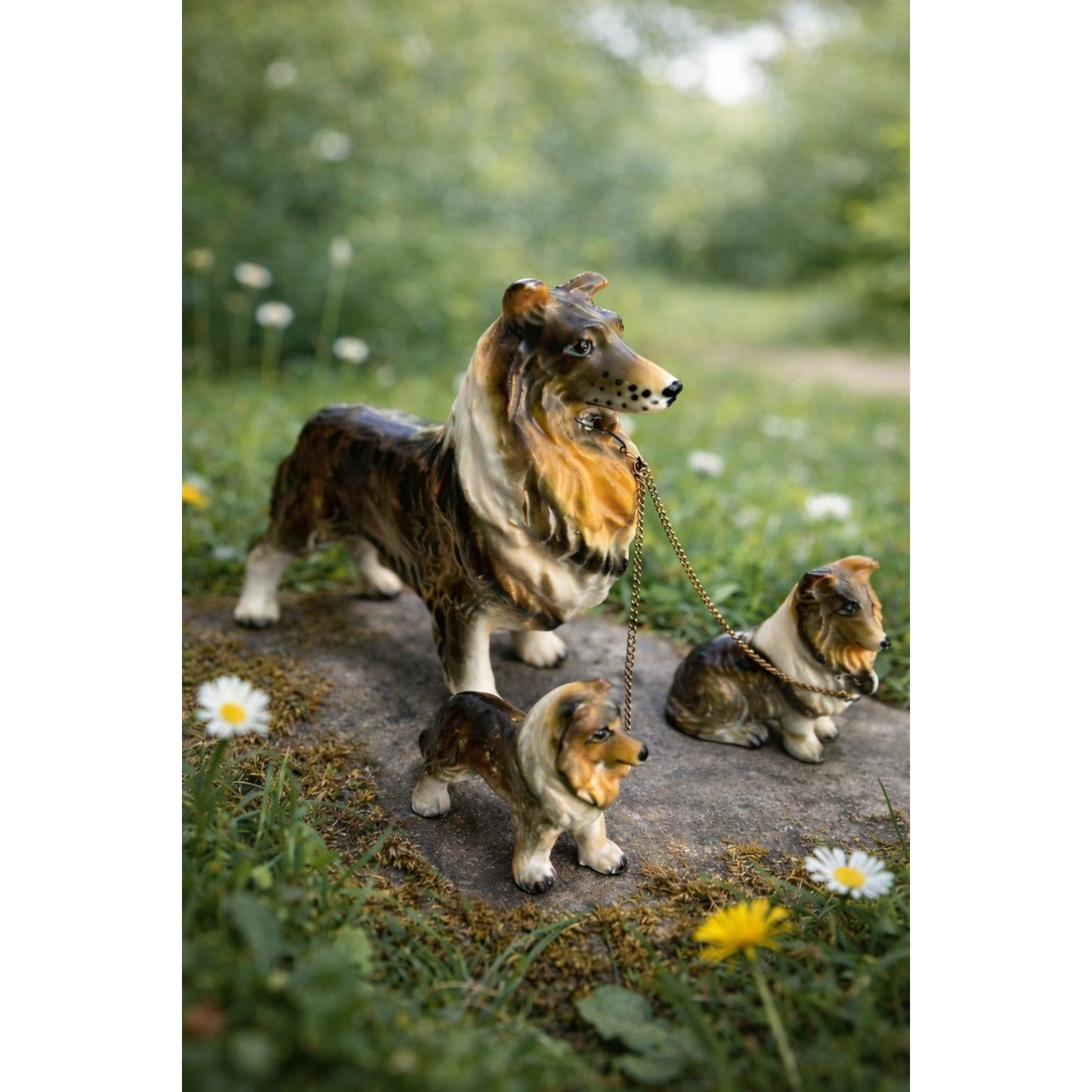 Mid Century Japan Collie/Sheltie Dog Figurines Mama 2 Puppies Chain Leash Set