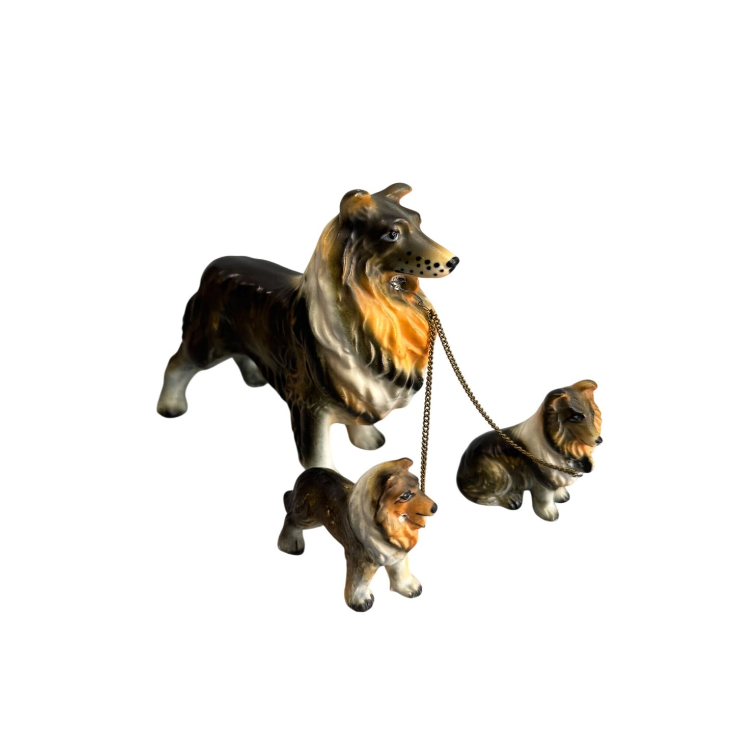 Mid Century Japan Collie/Sheltie Dog Figurines Mama 2 Puppies Chain Leash Set