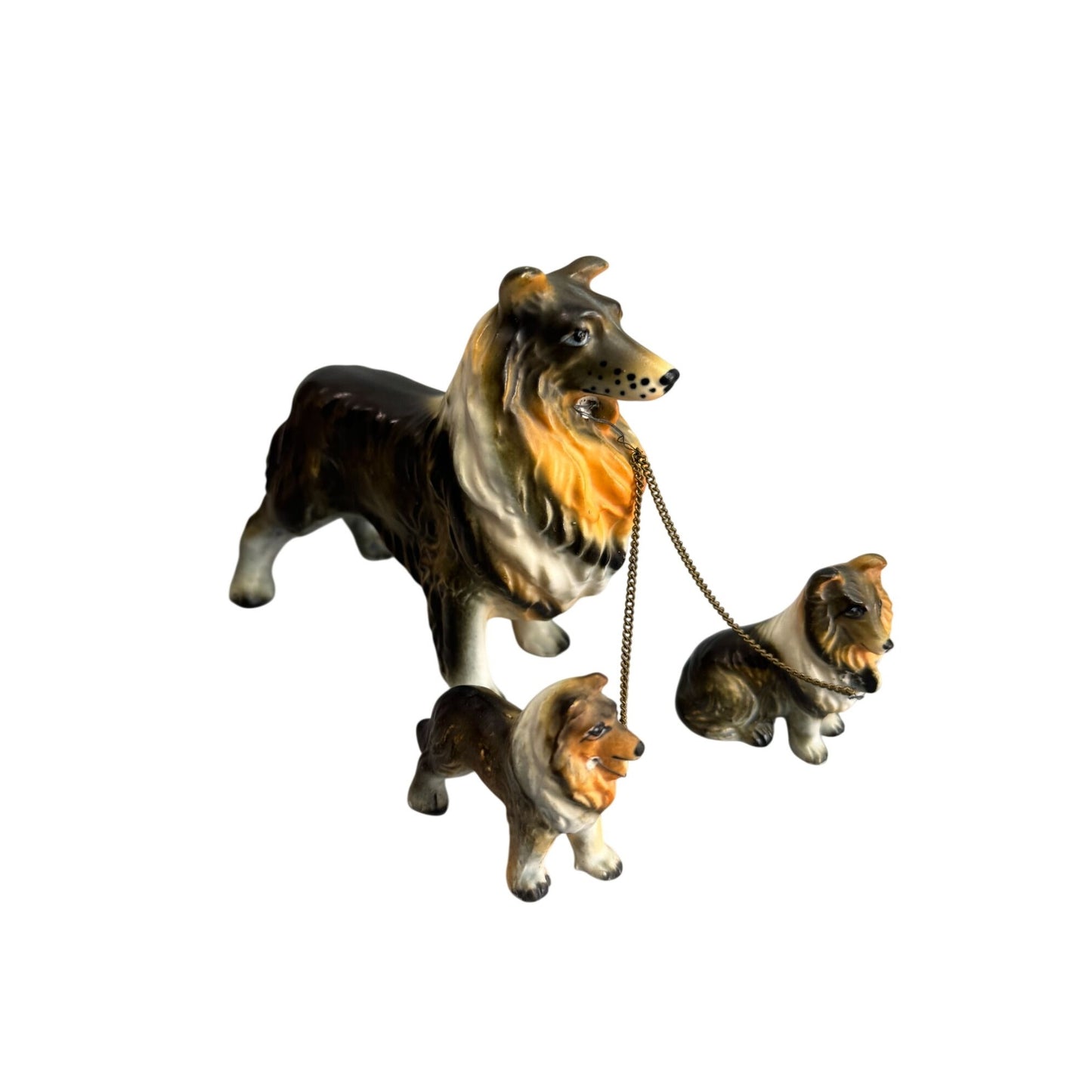 Mid Century Japan Collie/Sheltie Dog Figurines Mama 2 Puppies Chain Leash Set