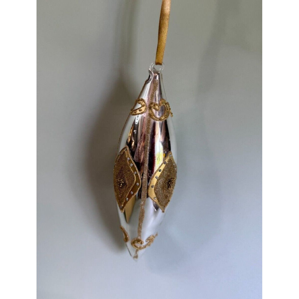 Large Blown Glass Silver Teardrop Ornament With Gold Glass Beading Accents 8 1/2