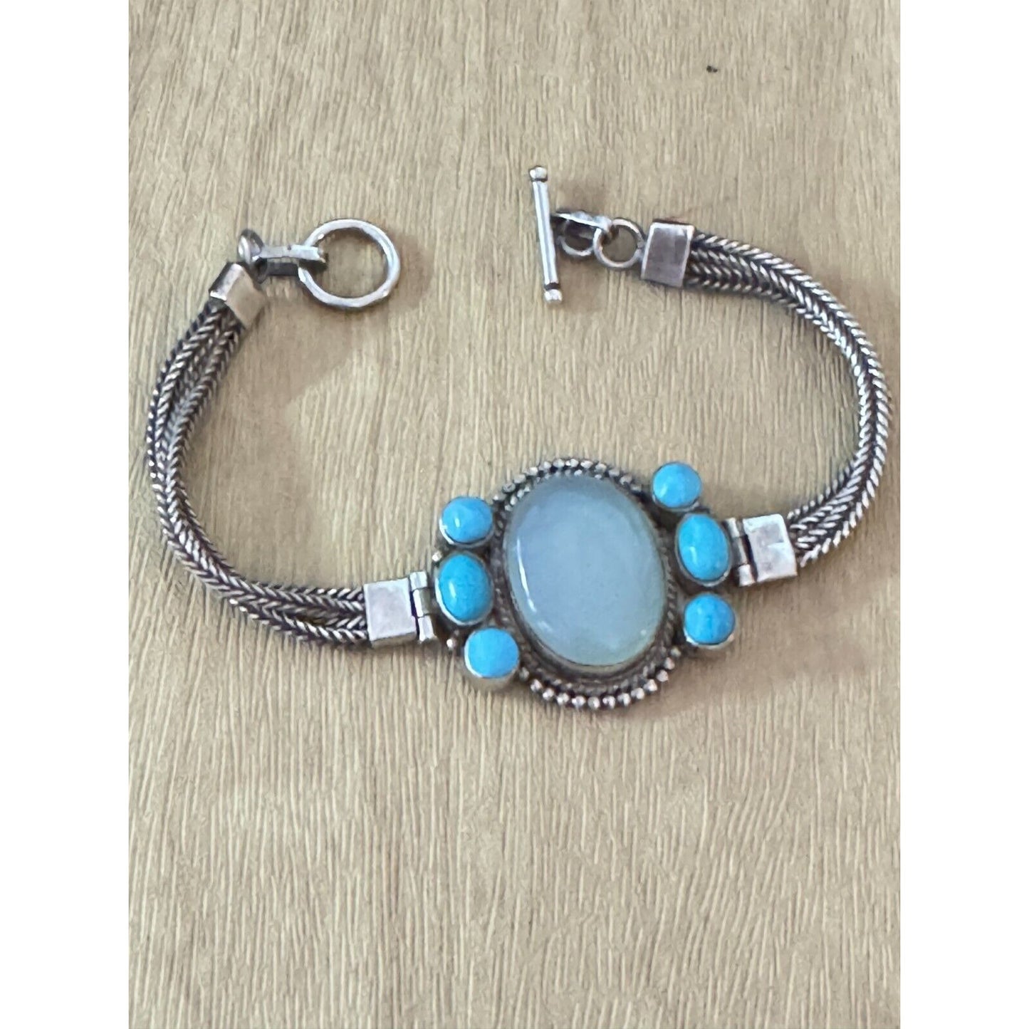 Vintage Sterling Silver Blue Chalcedony Turquoise Accents Southwestern Bracelet 7"