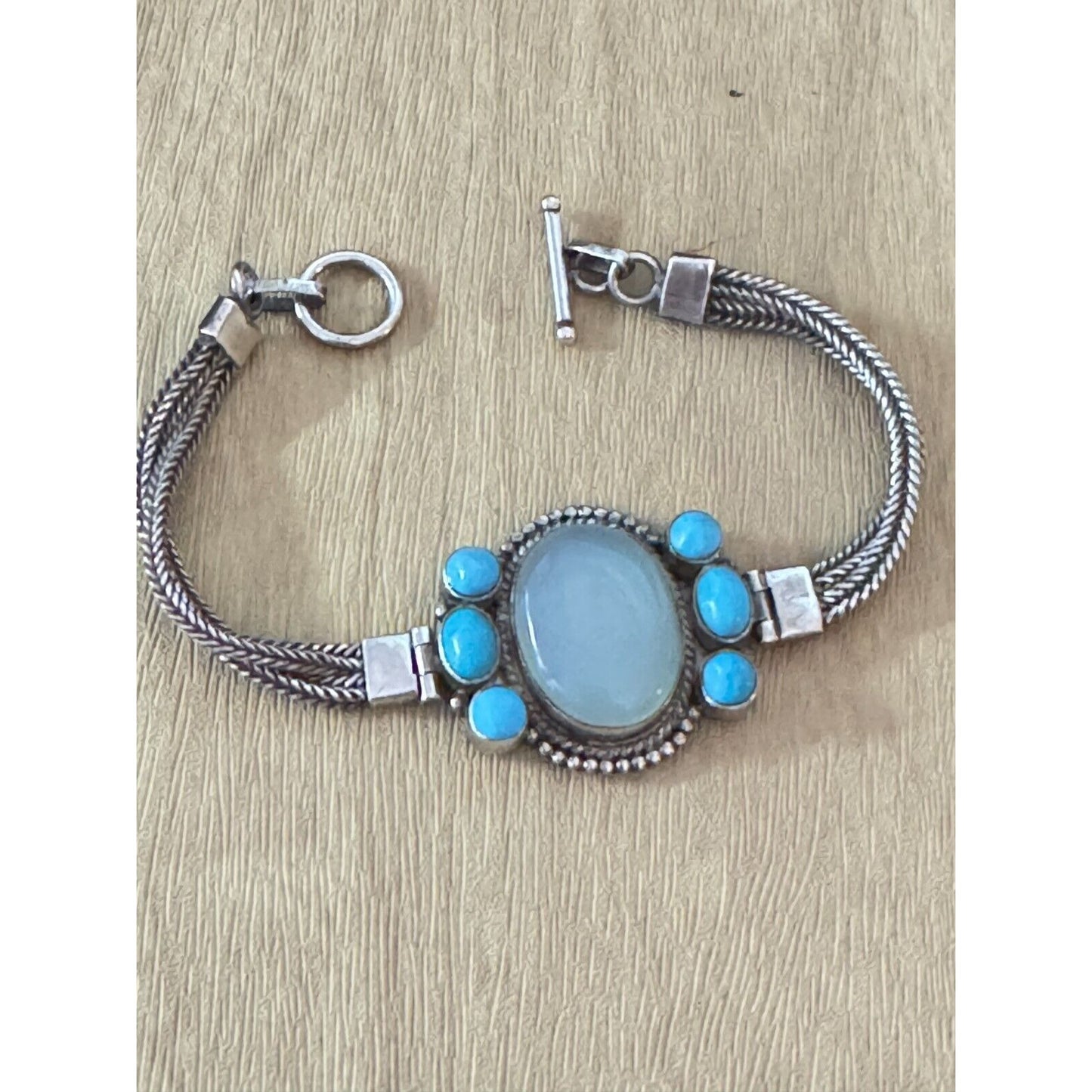 Vintage Sterling Silver Blue Chalcedony Turquoise Accents Southwestern Bracelet 7"