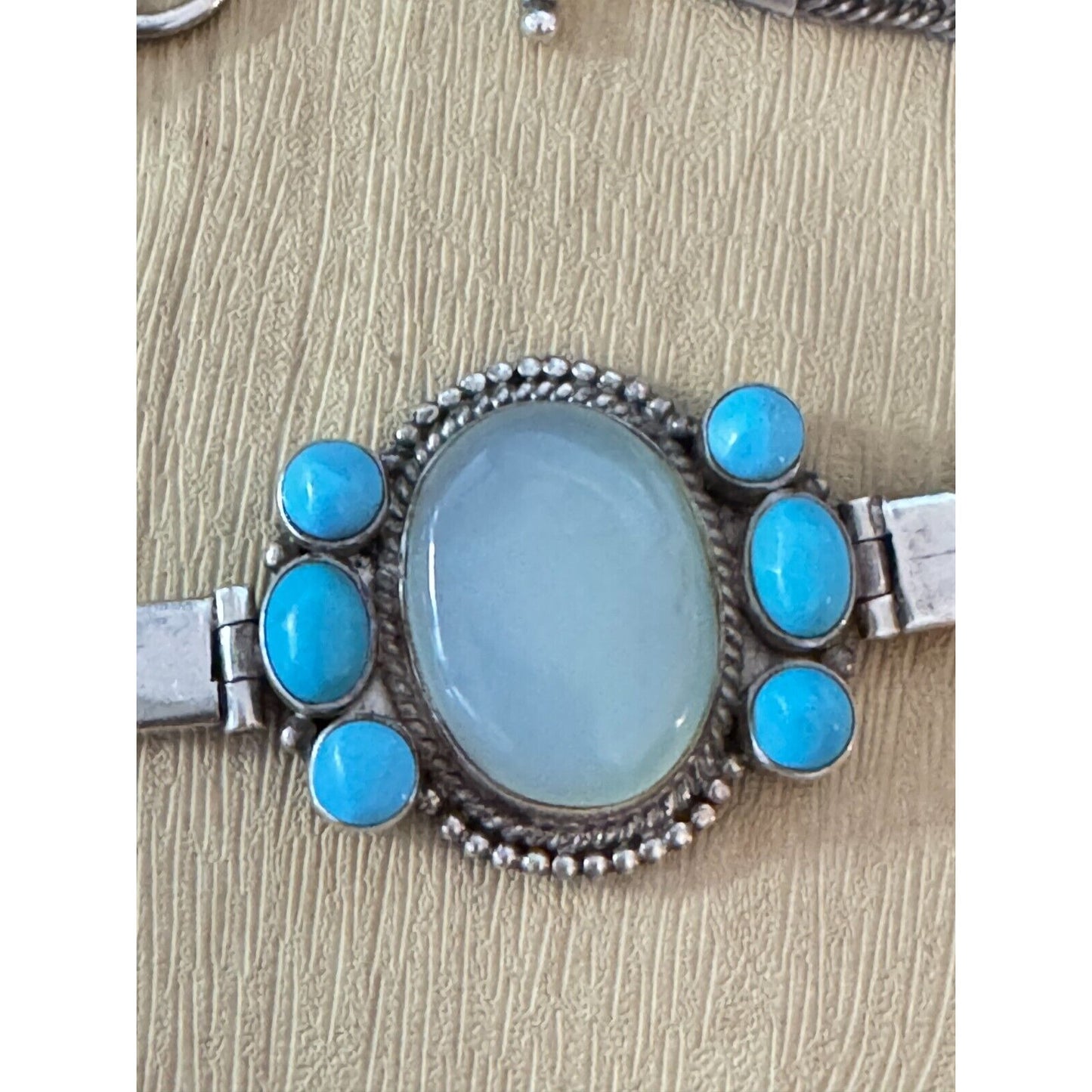 Vintage Sterling Silver Blue Chalcedony Turquoise Accents Southwestern Bracelet 7"