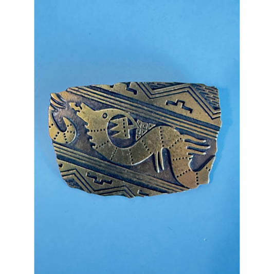 Vintage Brass Etched Tribal Dragon Design Brooch Pin by JJ 1988