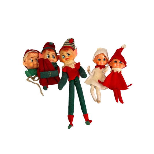 5 Vintage Japan Christmas Elves Sitting on Bench Mid-Century Holiday Décor